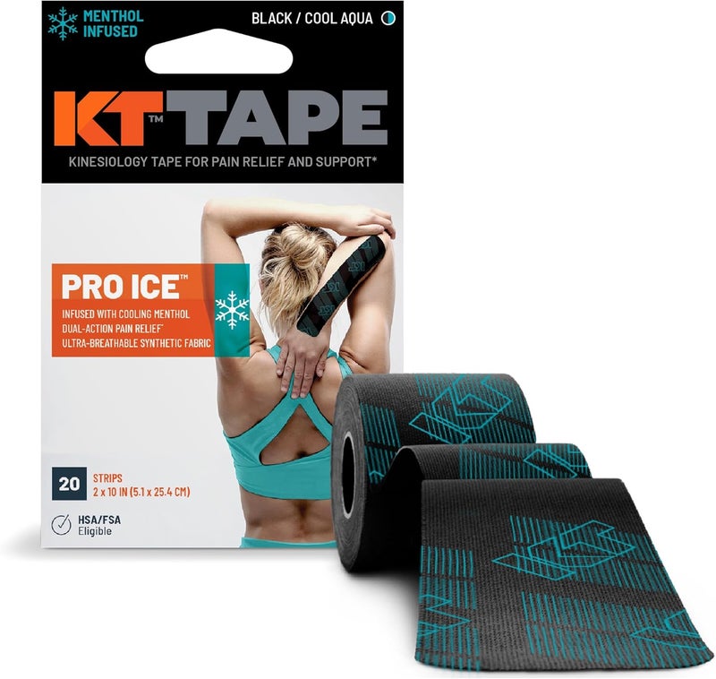 KT TAPE شريط كينيسيوLOGY برو آيس، معزز بالمنثول، 20 قطعة، شرائح مسبقة القطع 10 بوصات، أسود - Image 1